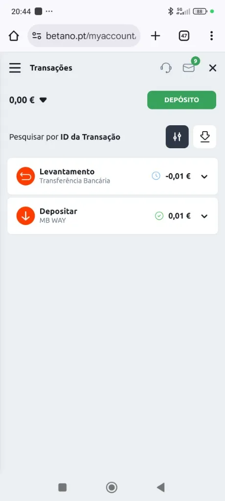 Histórico de Transações Betano