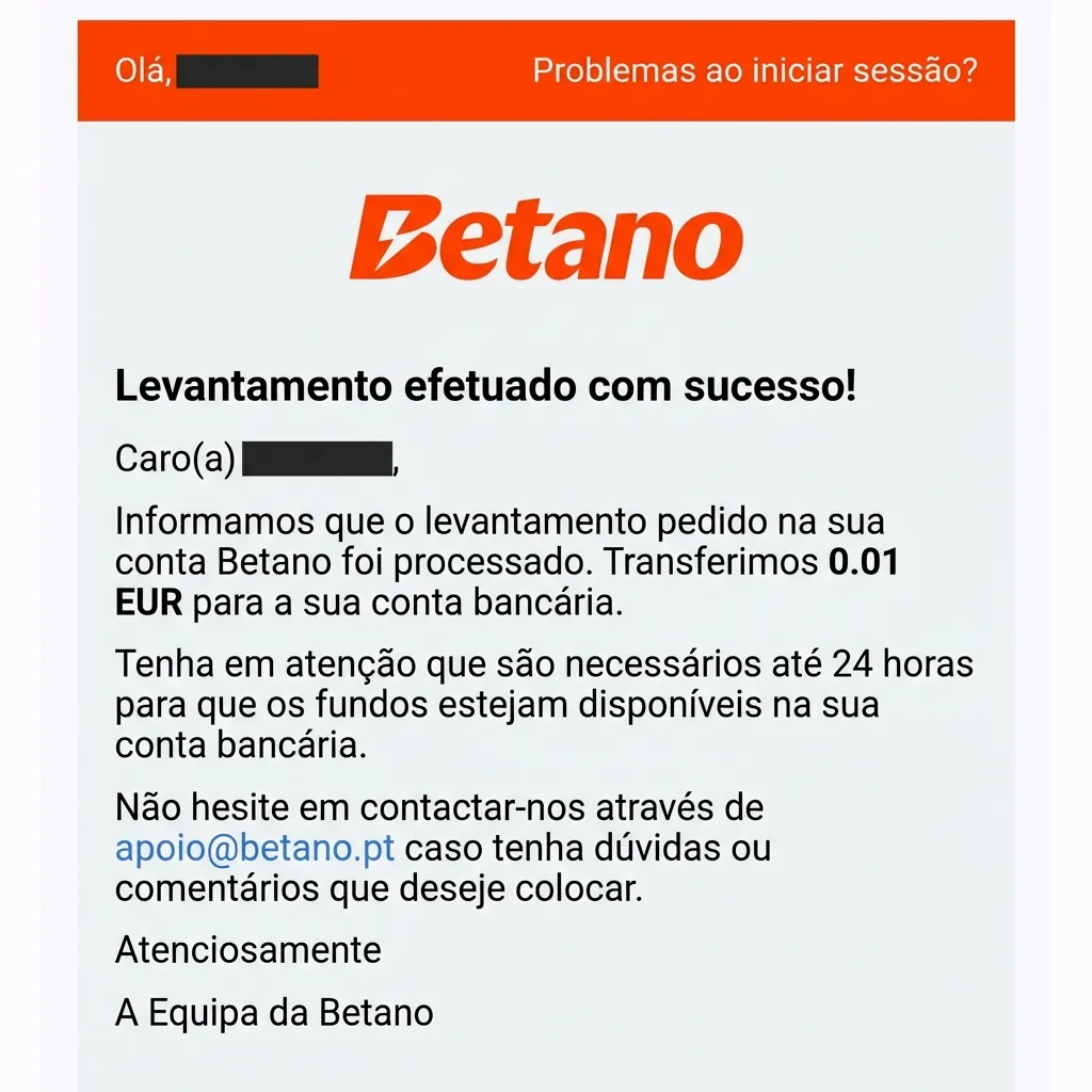 Email de levantamento imediato na Betano (0,01€)