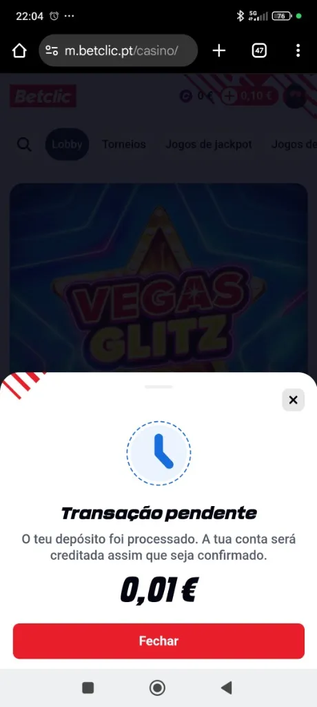 Mensagem de transação pendente processada em segundos