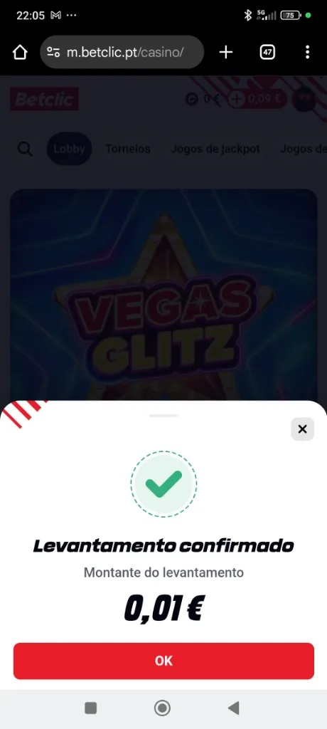 Ecrã de confirmação de levantamento de 0,01€ na App